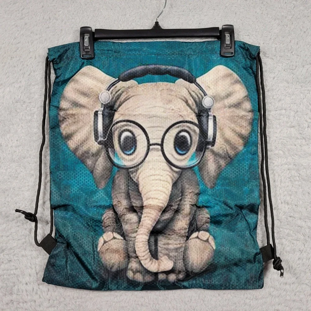 Sinch Drawstring Backpack Bag Kids Teal Elephant Glasses Headphones 16x19